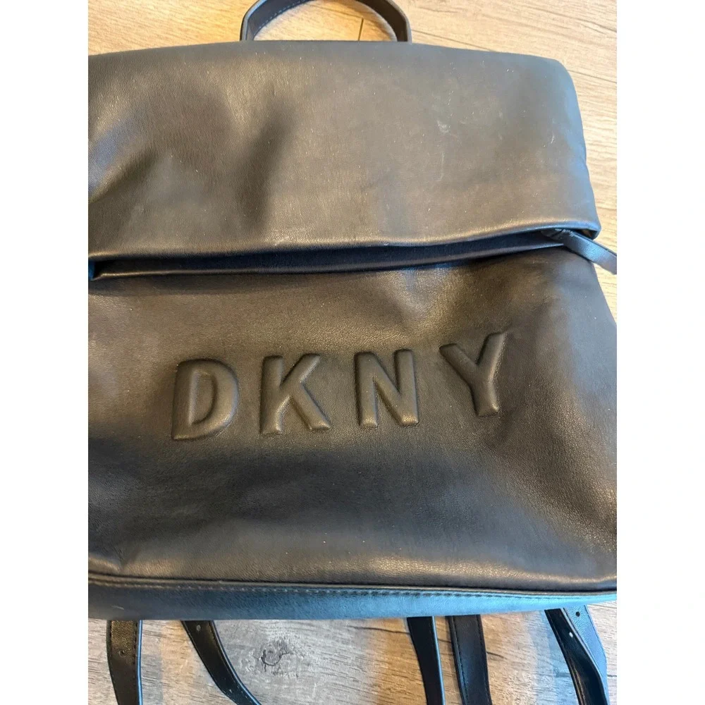 DKNY Black Faux Leather Foldover Roll Top‎ Backpack Flap Closure